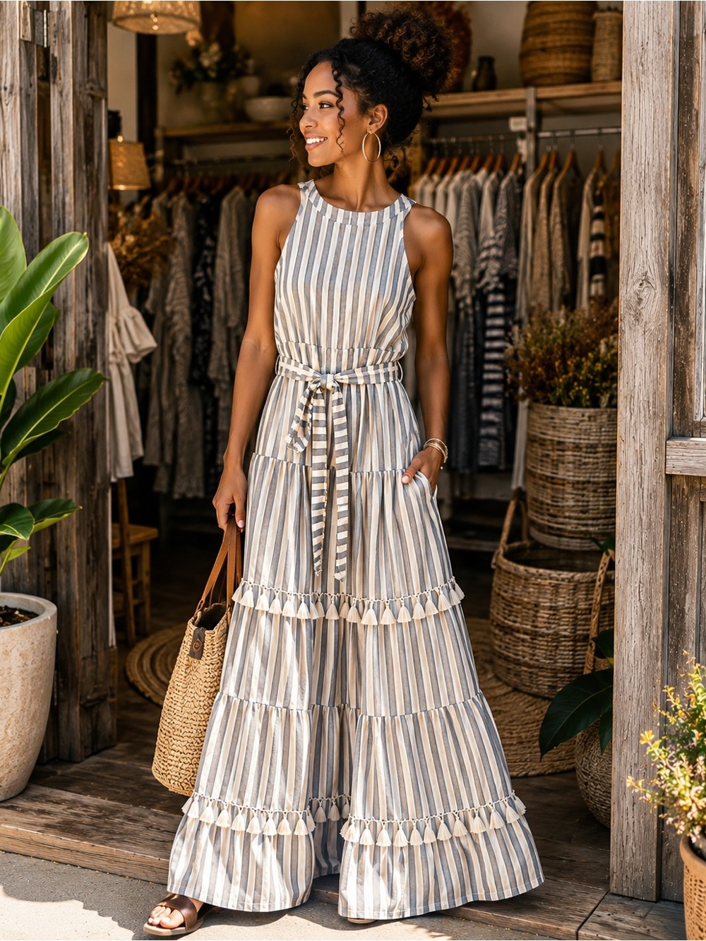 Eliza J Size 10 Striped Tiered Maxi Dress Tassel Trim Belted Boho Coastal Resort - Picture 5 of 7